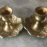 PAIR of BRASS table CANDLE HOLDERS with Flower Patterns