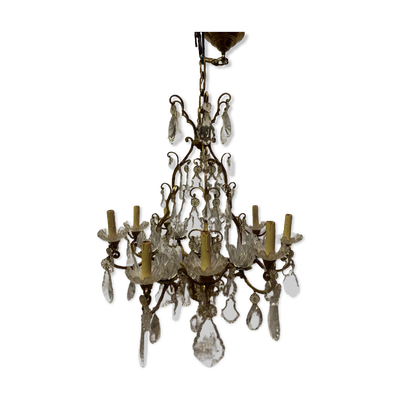 Lustre cage a seize lumières pampilles et coupelles de cristal xix siècle