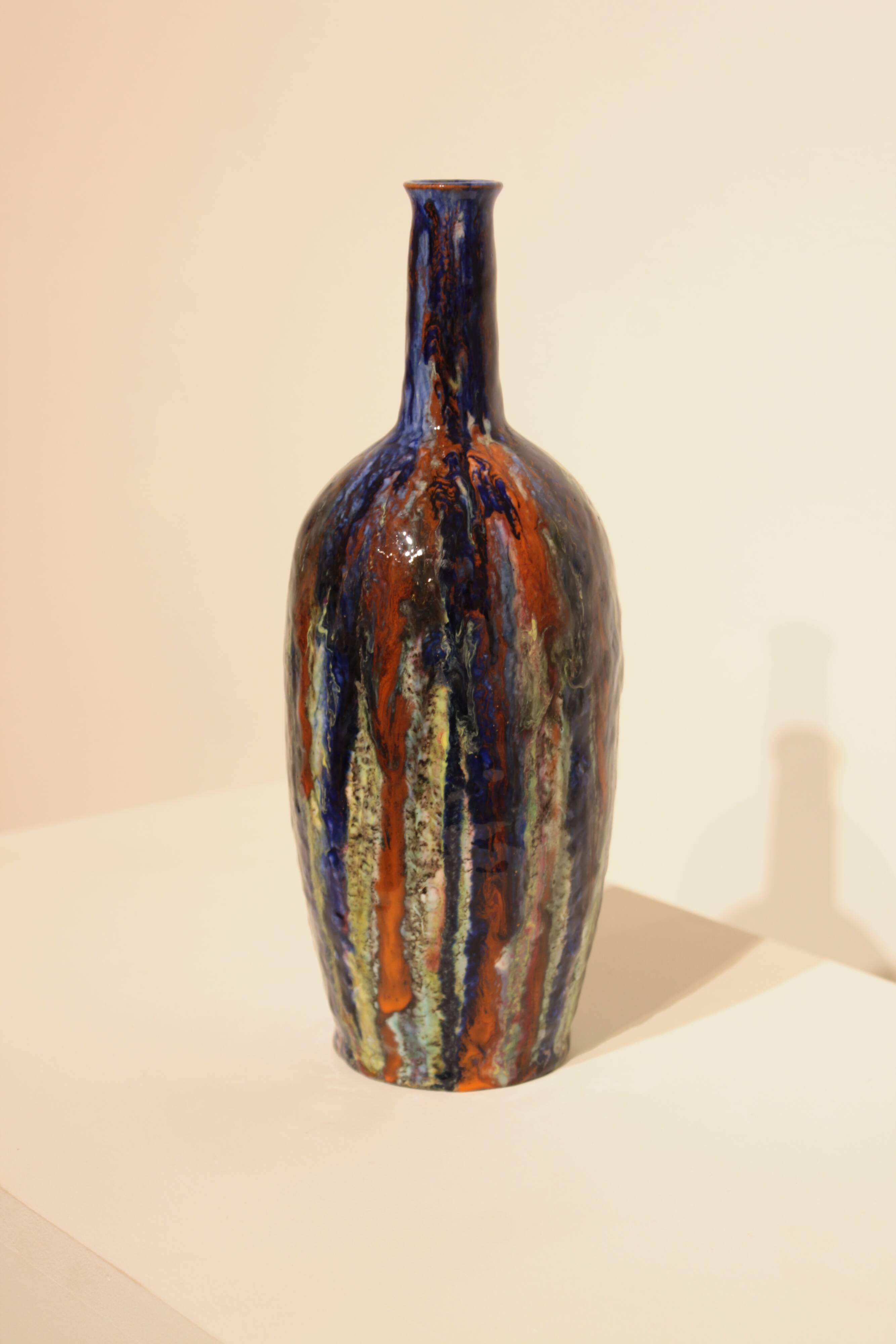 Multicolor glazed ceramic vase signed