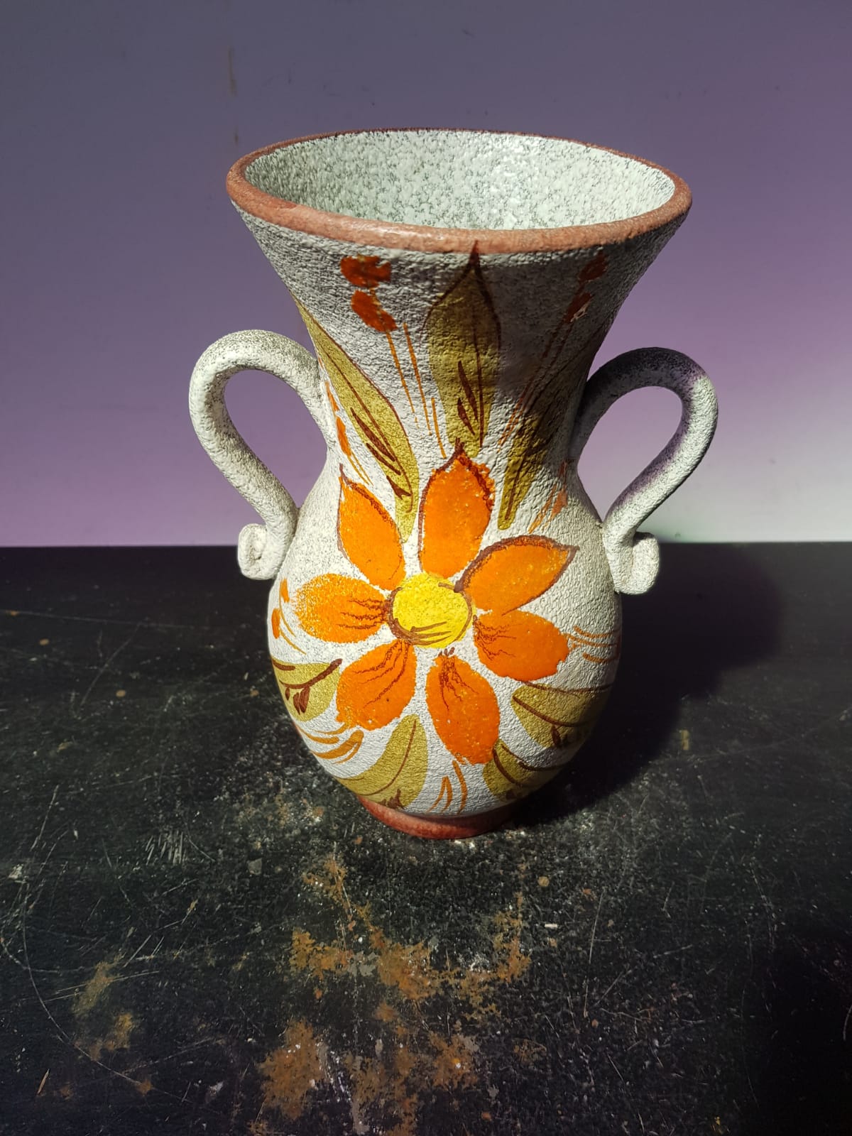 Old vase with enamelled ceramic coves décor flowers made in italy vintage