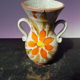Old vase with enamelled ceramic coves décor flowers made in italy vintage