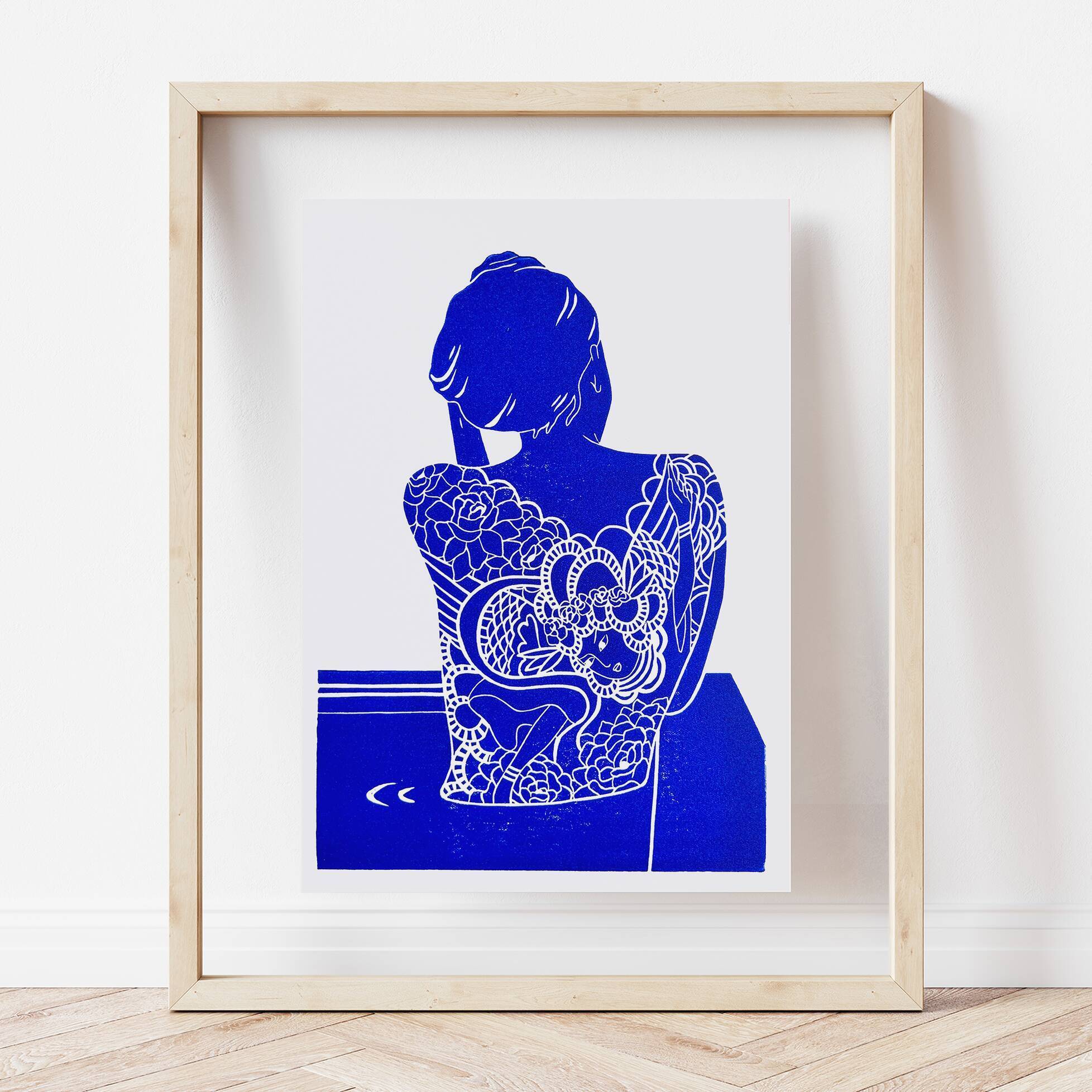 Original linocut - Tattooed Japanese woman