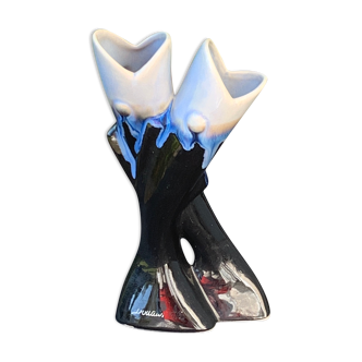 Double soliflore vase, vintage midnight blue glazed fish slurry