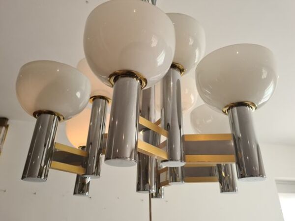 Lustre vintage en laiton et chrome par Gaetano Sciolari pour Sciolari, Italie