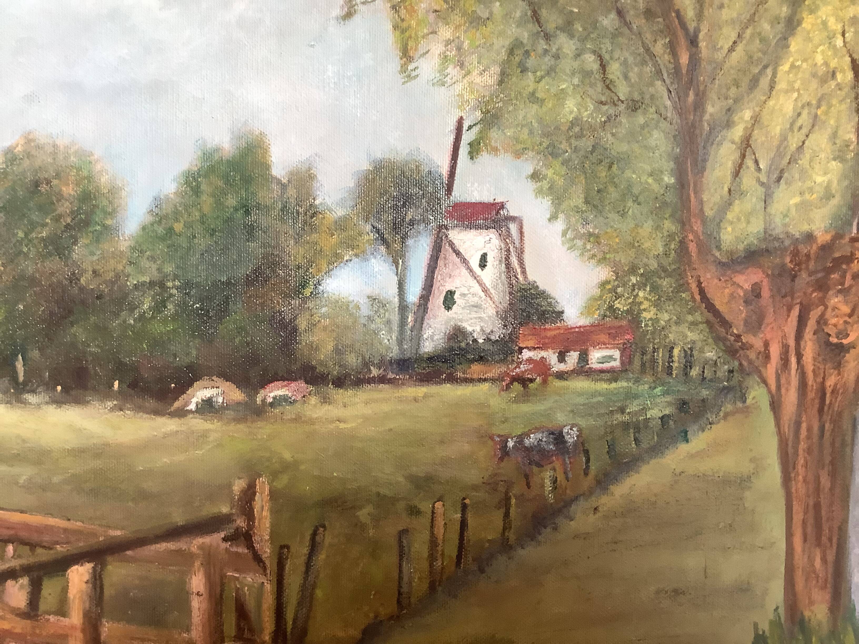 Landscape painting of a countryside windmill oil on canvas