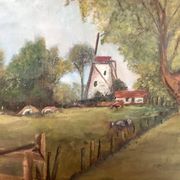 Landscape painting of a countryside windmill oil on canvas