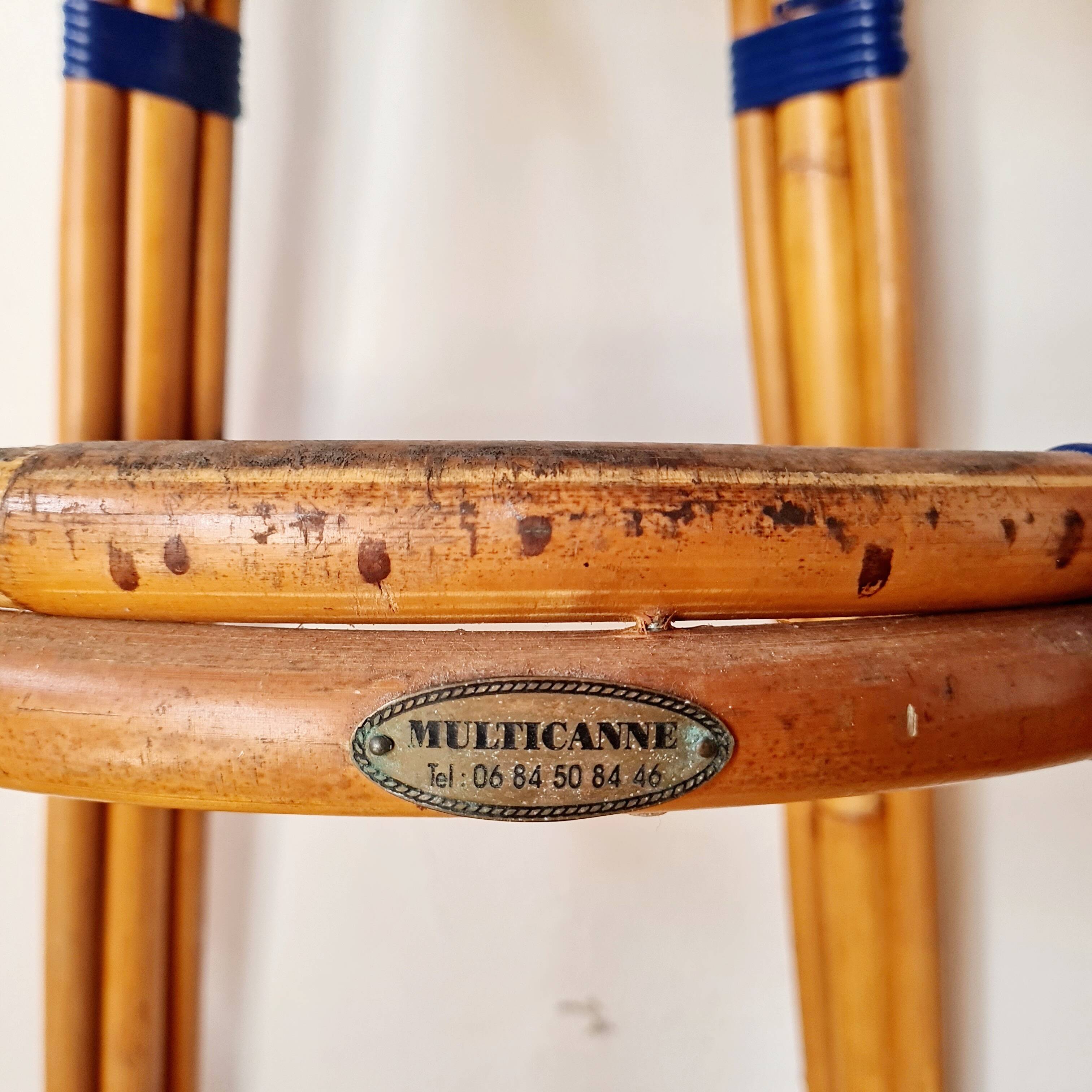 Vintage high stool Multicanne - Rattan & blue Rilsan - French