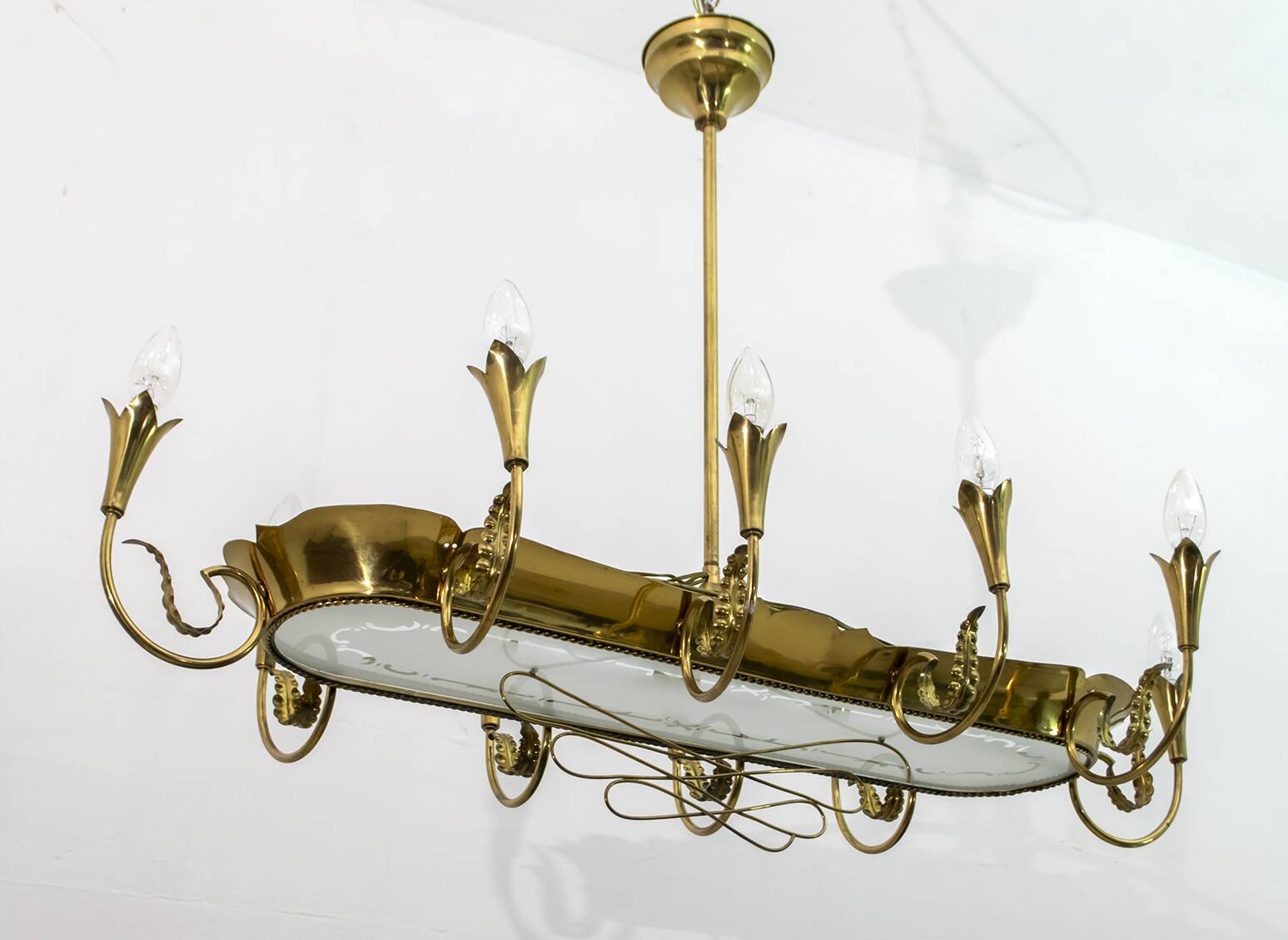 After Pietro Chiesa Italian Brass 12 Lights Candelier Fontana Arte