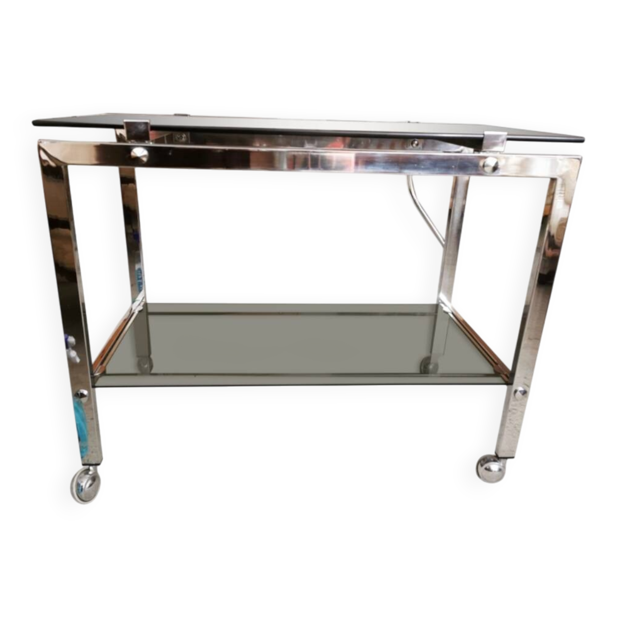 Table d'appoint, desserte, console en verre et métal chromé