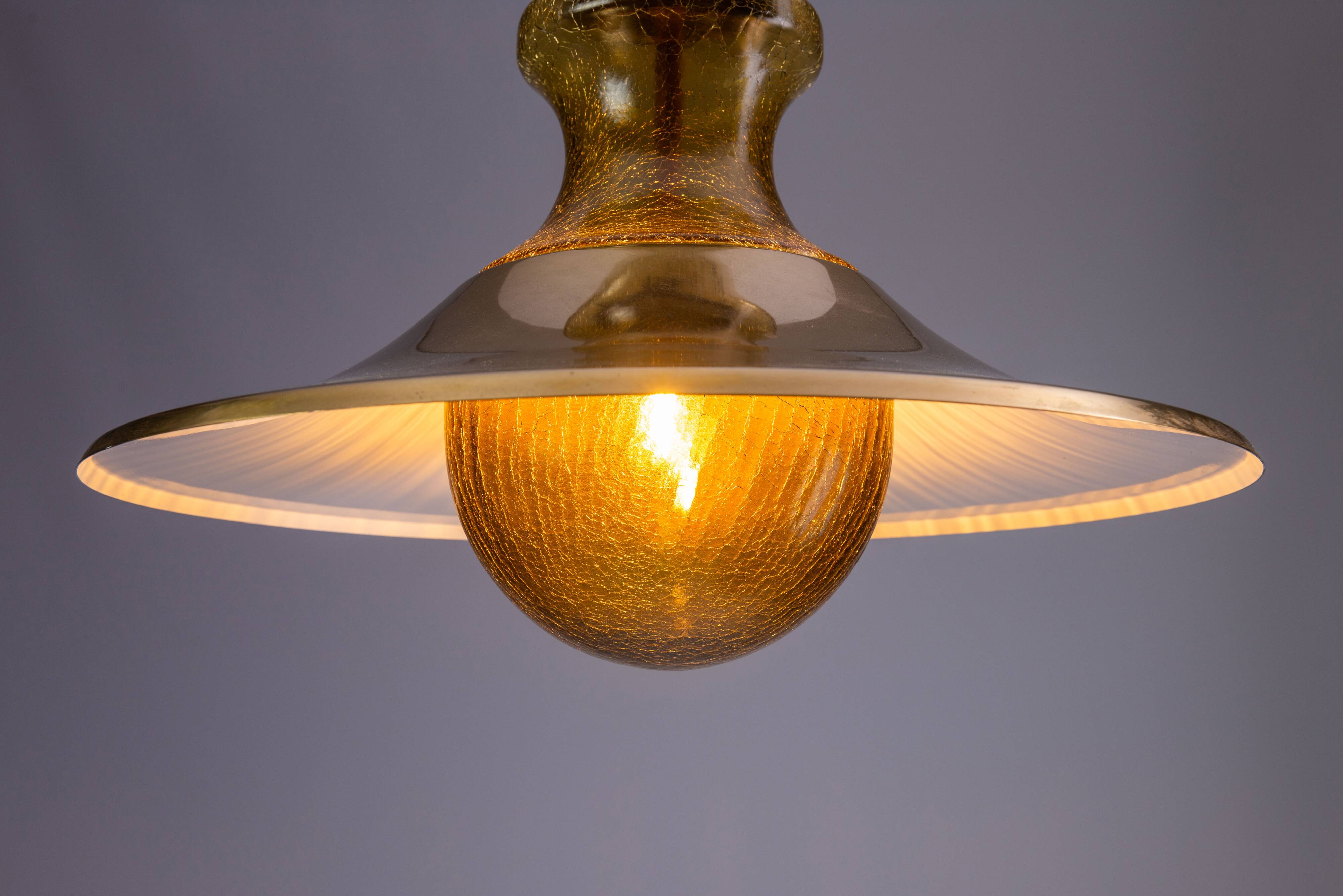 Large glass ‘‘bubble’’ chandelier with brass shade