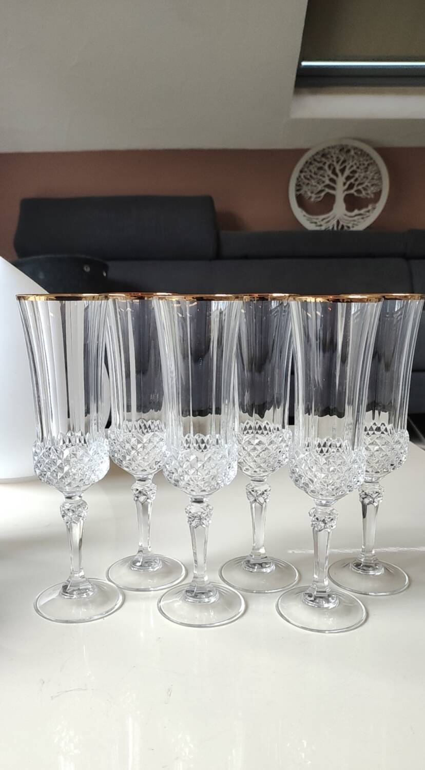 Lot of 6 x Champagne Flutes crystal/Valencay Gold/Crystal d'Arques