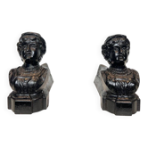 Pair of Andirons in Cast Iron with Portrait Busts of an "Italian". France. V
