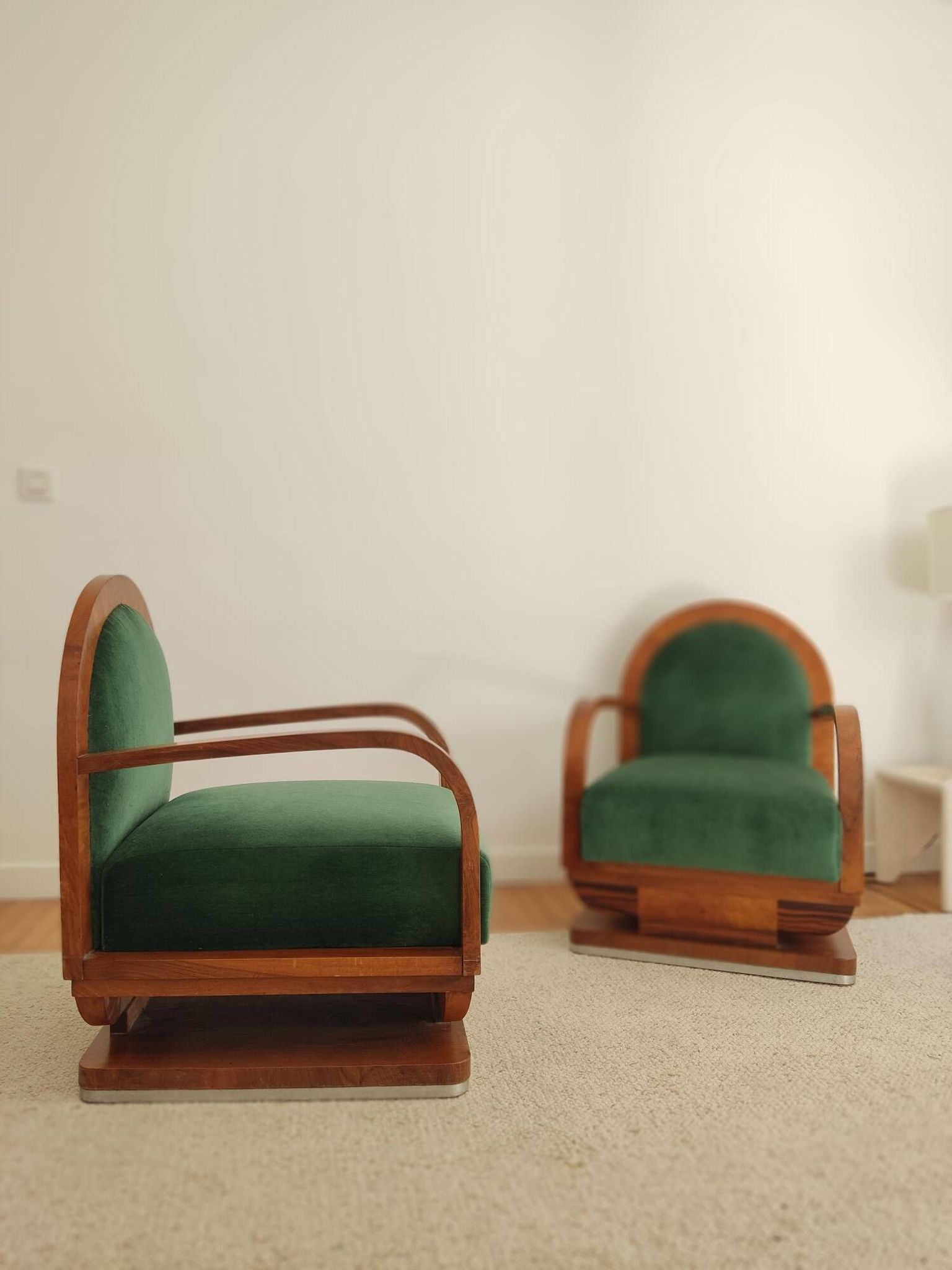 Pair of art deco armchairs - green mohair velvet