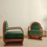 Pair of art deco armchairs - green mohair velvet