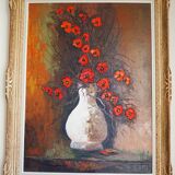 Signed poppy pattern painting and its frame