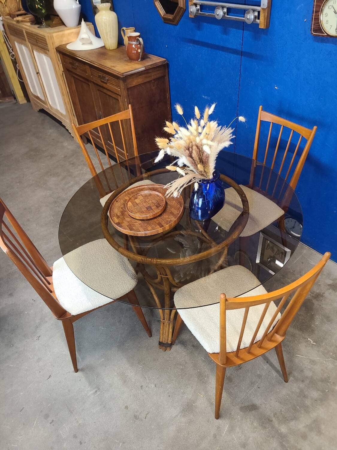 70s smoked glass and rattan table