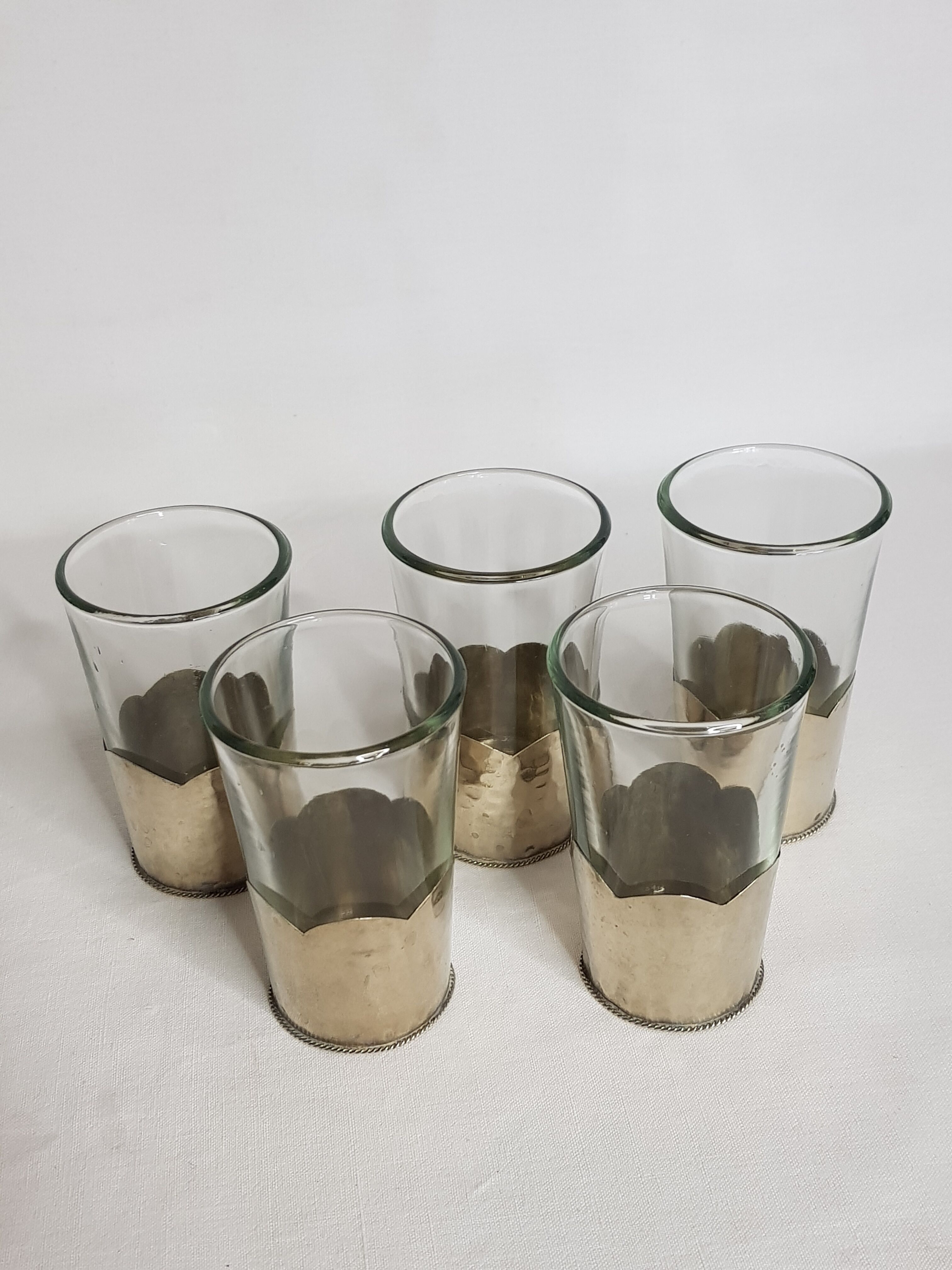 Set of 5 old Moroccan tea glasses in hammered glass and maillechort