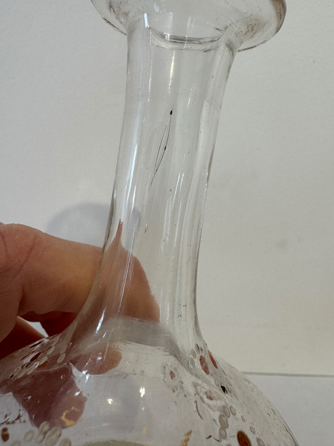 Antique blown glass carafe, enamelled with floral decoration, in the style of Legras.