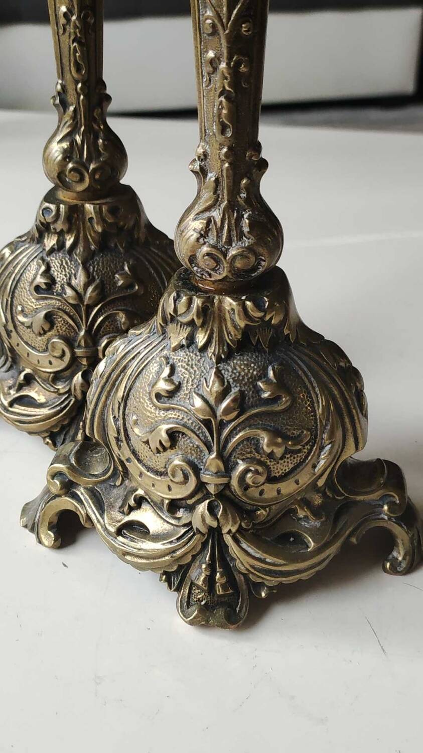 Pair of Antique Flambeaux Candlesticks/Baroque Style, Rocaille. In gilded bronze. 19th century