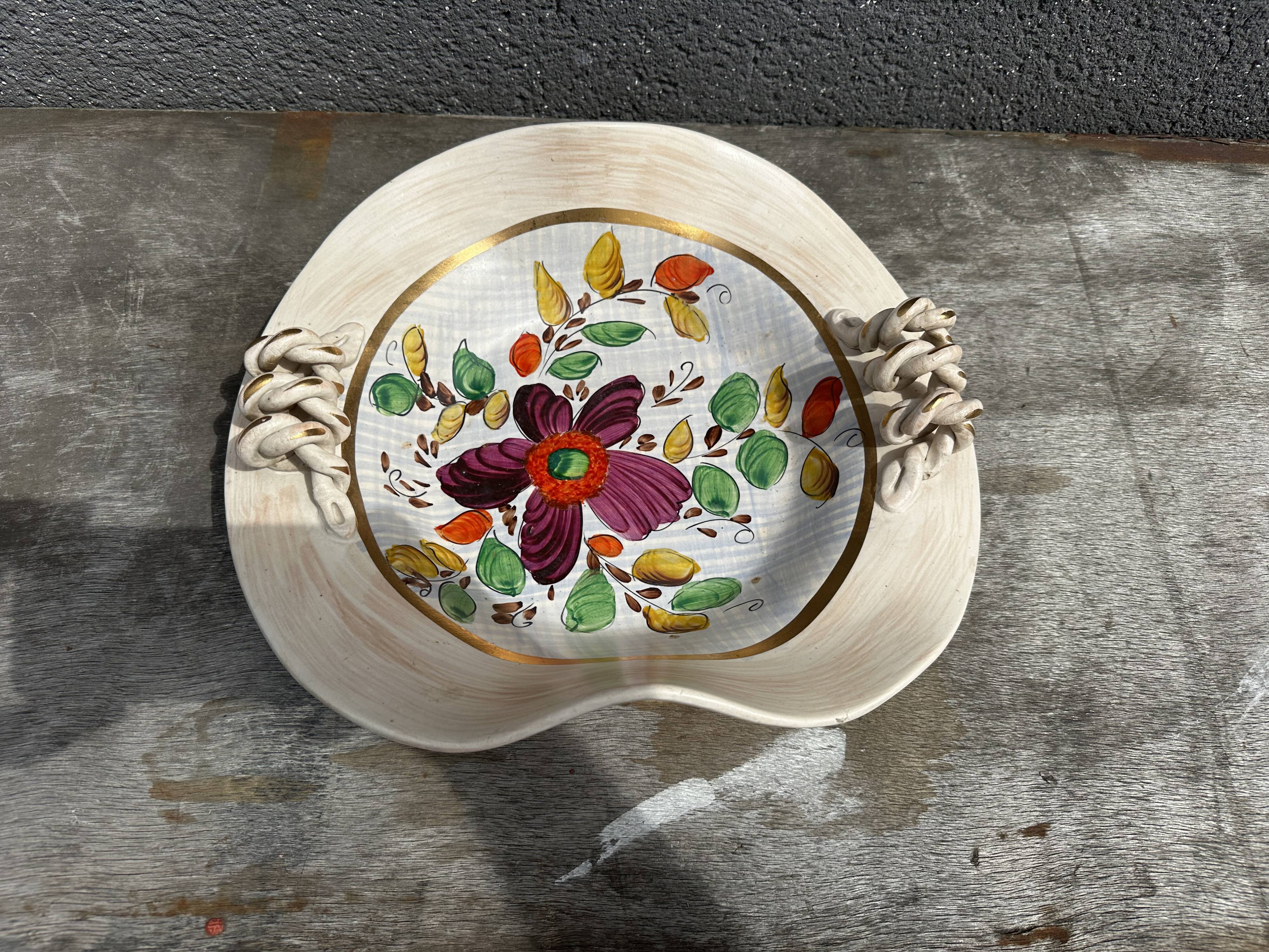 Painted ceramic fruit basket woven by Hubert Becquet, Quaregnon.