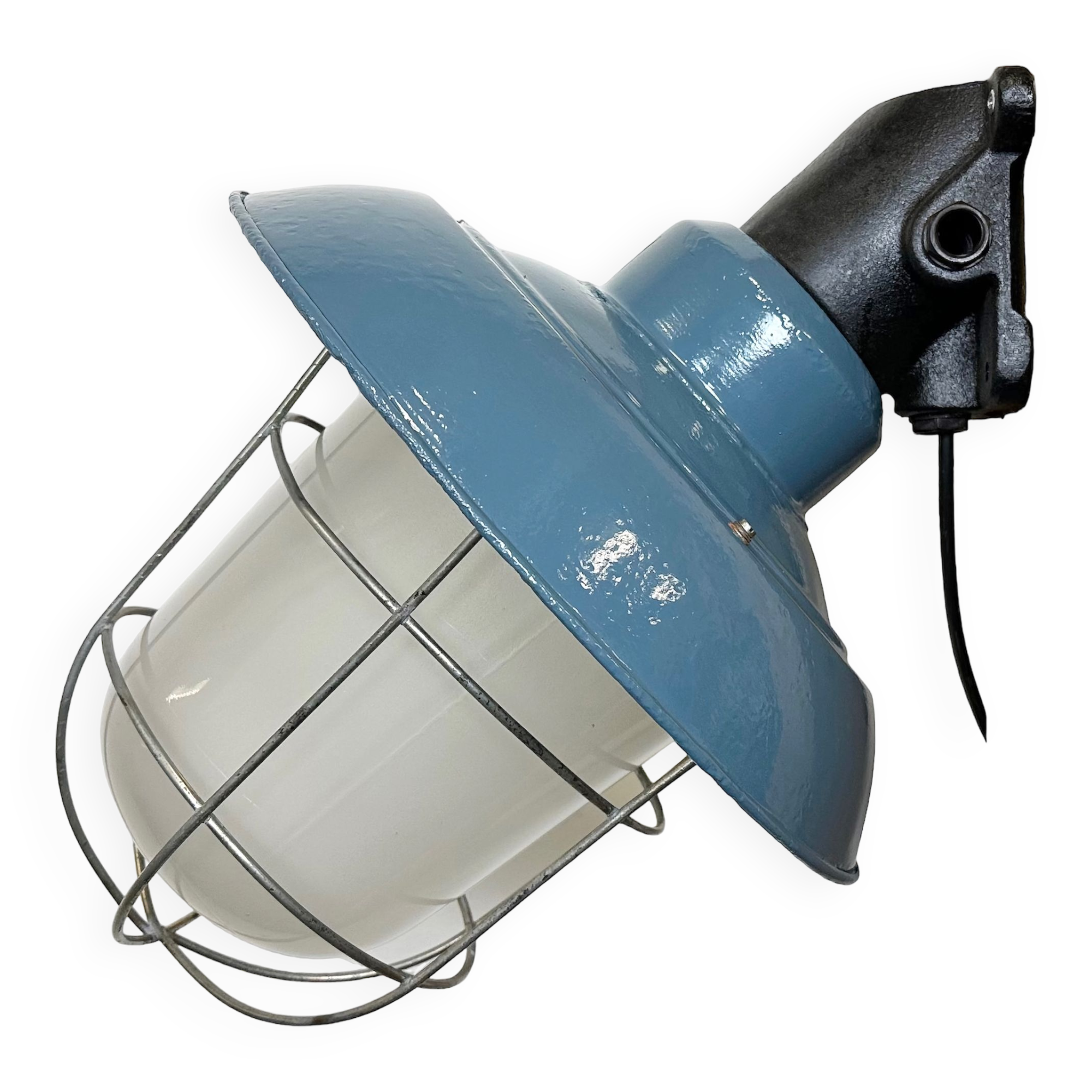 Industrial Blue Painted Factory Wall Cage Lamp from Elektrosvit, 1960s