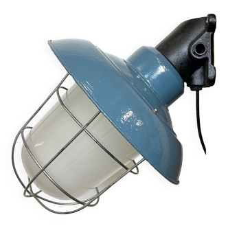 Industrial Blue Painted Factory Wall Cage Lamp from Elektrosvit, 1960s