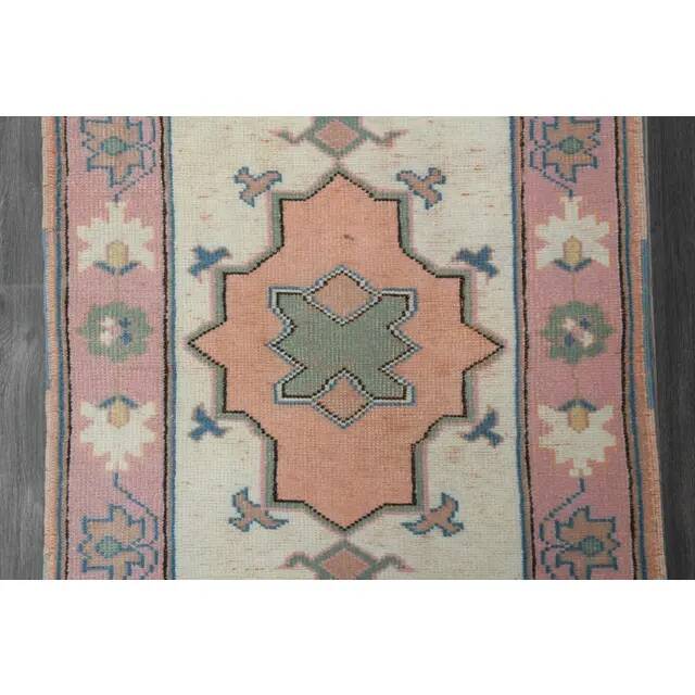 1970s Vintage Turkish Oushak Handmade Wool Cotton Orange Pink Rug  81x270