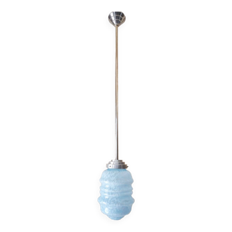 Old metal/opaline pendant light 108 cm art deco Clichy glass speckled blue and white 1930
