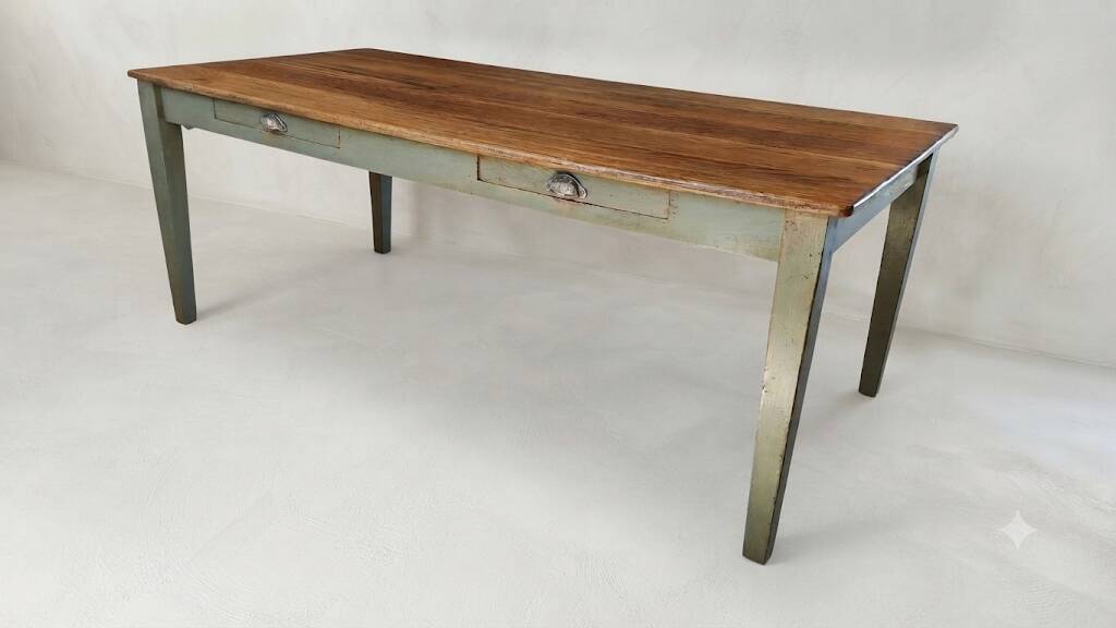 Solid oak farmhouse table with two drawers and two extensions, 306 cm.