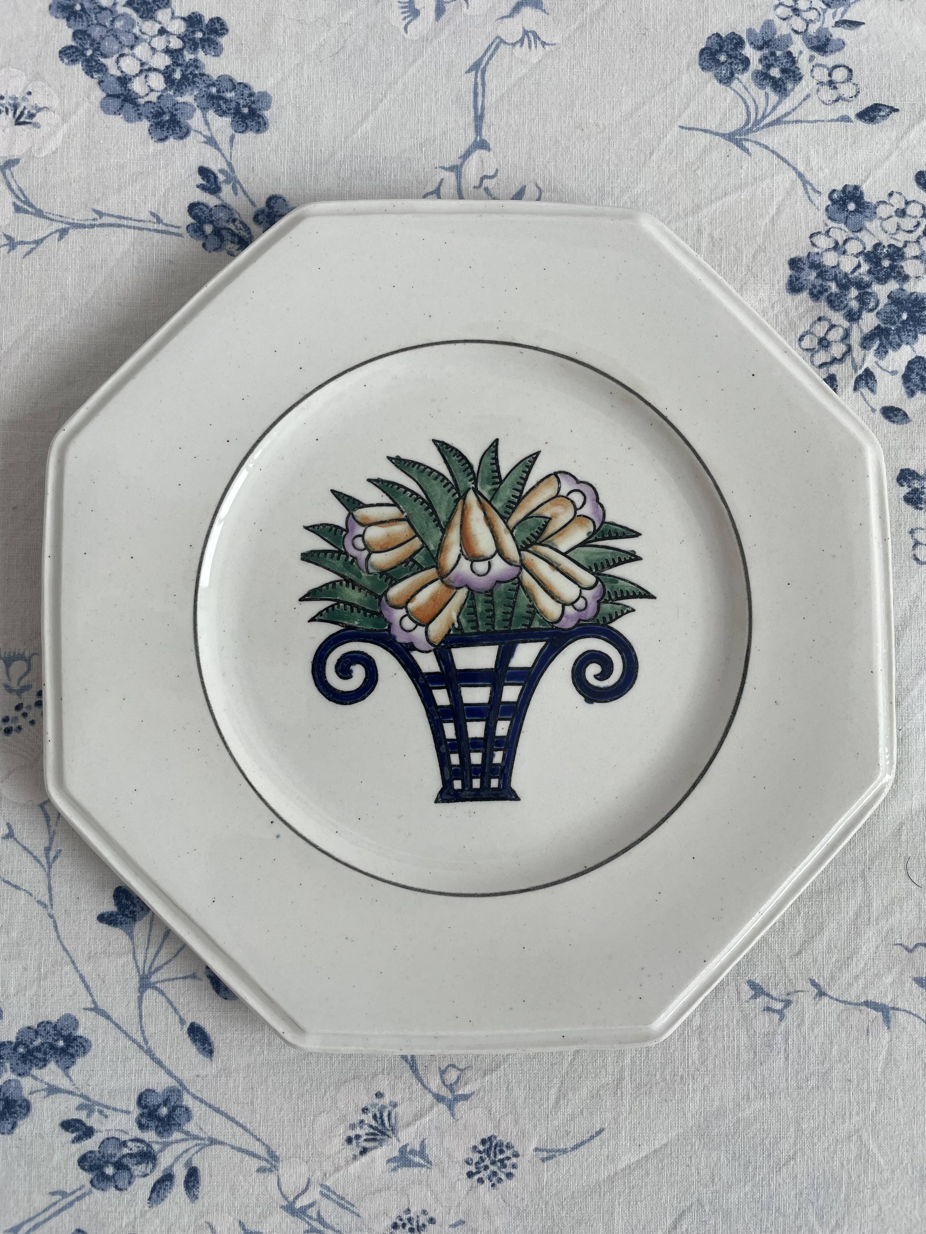 Longwy Service of 6 Octagonal Plates, 1927–1928, Art Deco, stamped