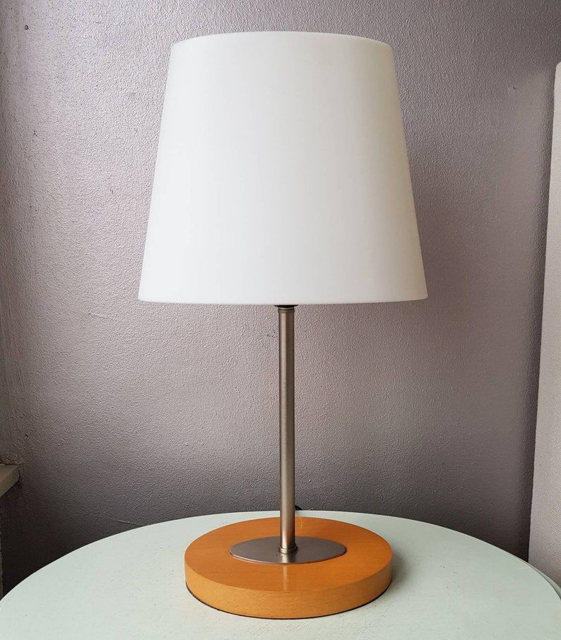 Wooden and metal lamp with plastic lampshade from the 1980s