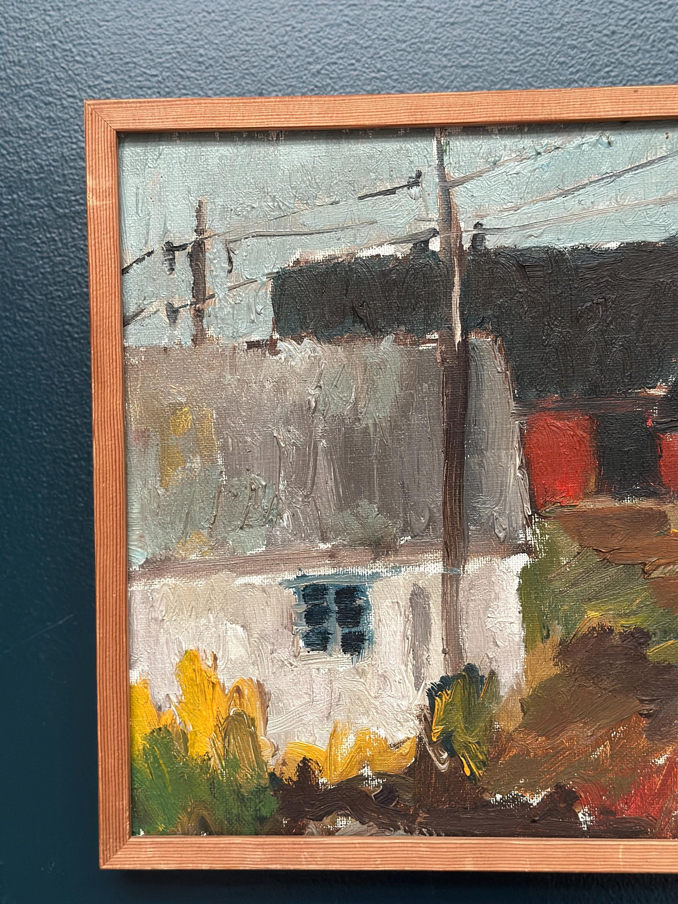 huile sur toile suédoise du milieu du siècle – « Parmi les maisons » par Karl Bertil Lundh – 1967 – Vintage et encadrée