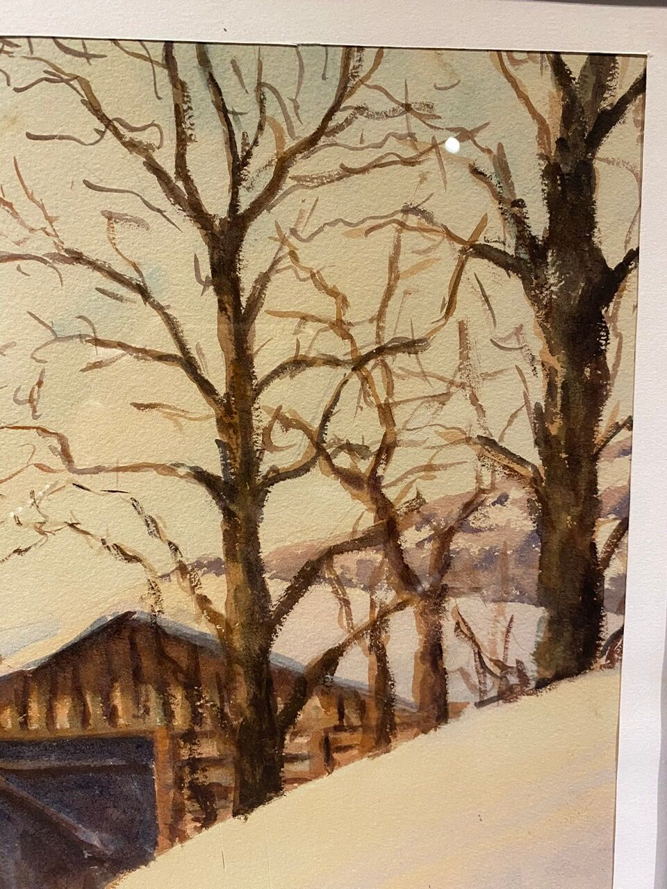 Old painting, snow landscape signed Salanon, mid-20th century