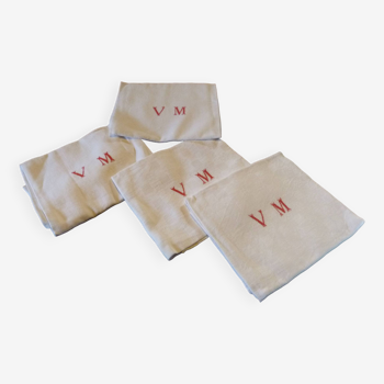 Set of 4 large white monogram embroidered linen napkins