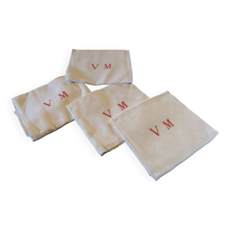 Set of 4 large white monogram embroidered linen napkins