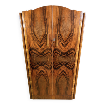 Art Deco Vintage 1930s  Figured Walnut Wardrobe Bookmatched Fitted Interior