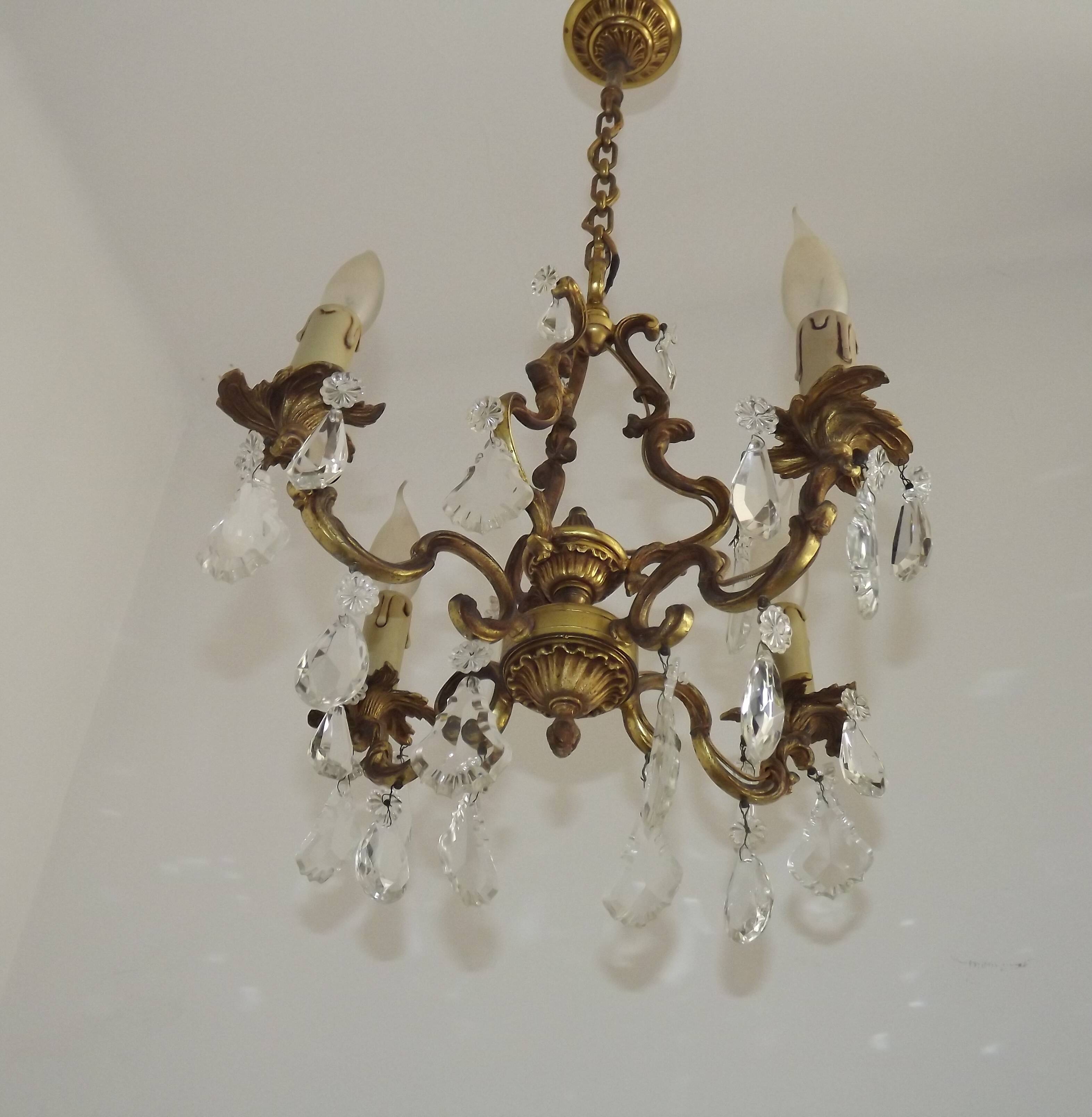 French Antique Art Nouveau 4 Light 3 Side Brass Crystal Cage Chandelier