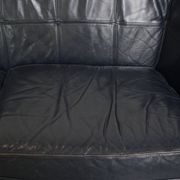 2.5-Seater Art Deco Sofa with Woodwork and Dark Blue Cowhide Leather