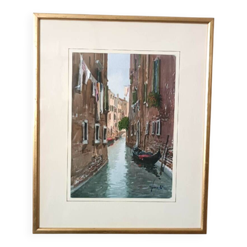 Aquarelle représentant un aperçu d'un canal de Venise ou Chioggia signé