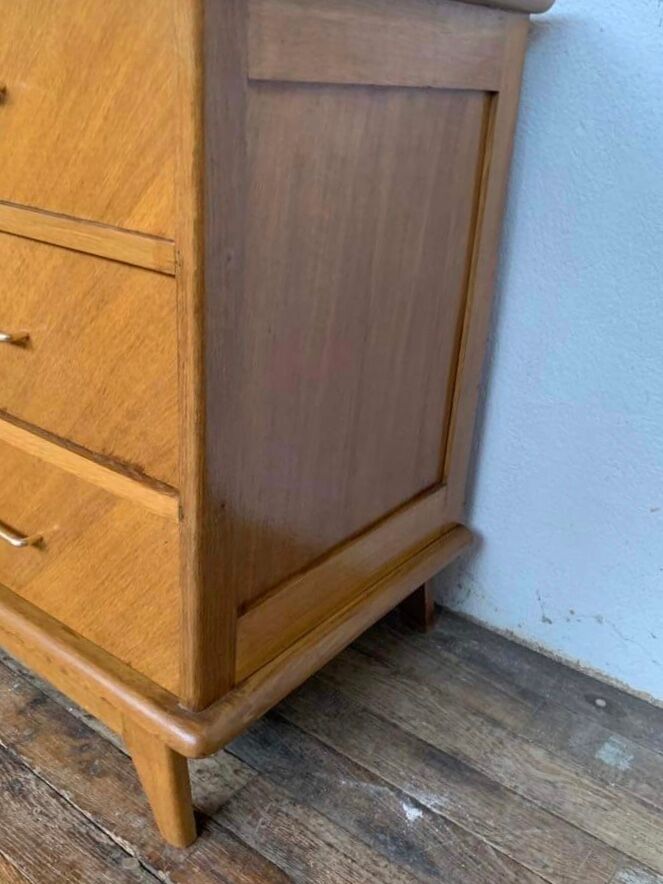 Commode vintage à 3 tiroirs pieds compas en chêne clair
