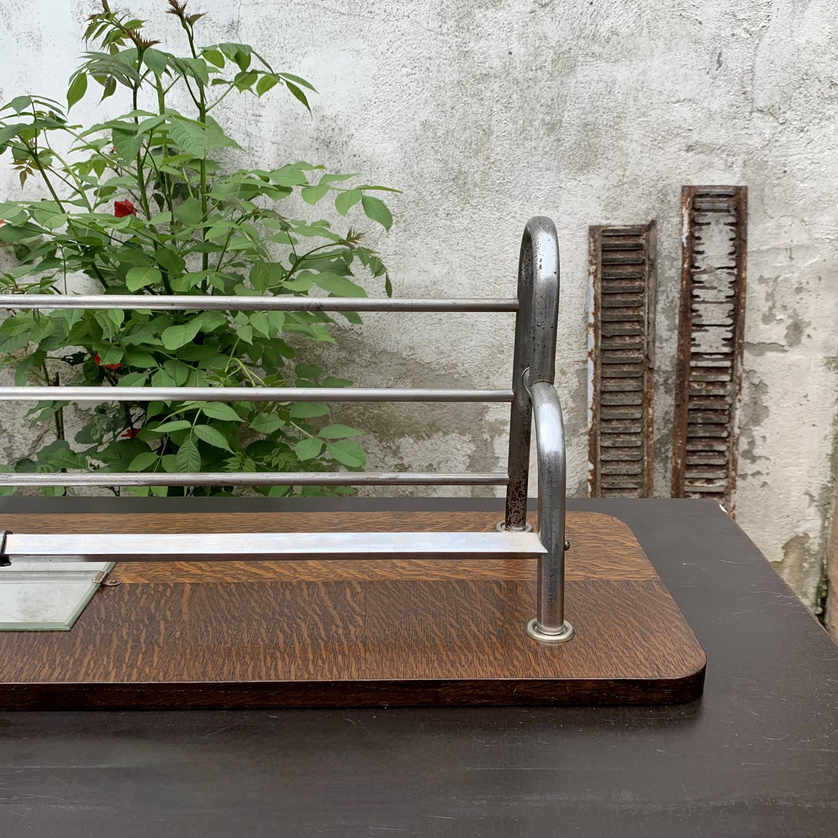 Large Art Deco wall-mounted coat rack in wood and chrome metal with mirror