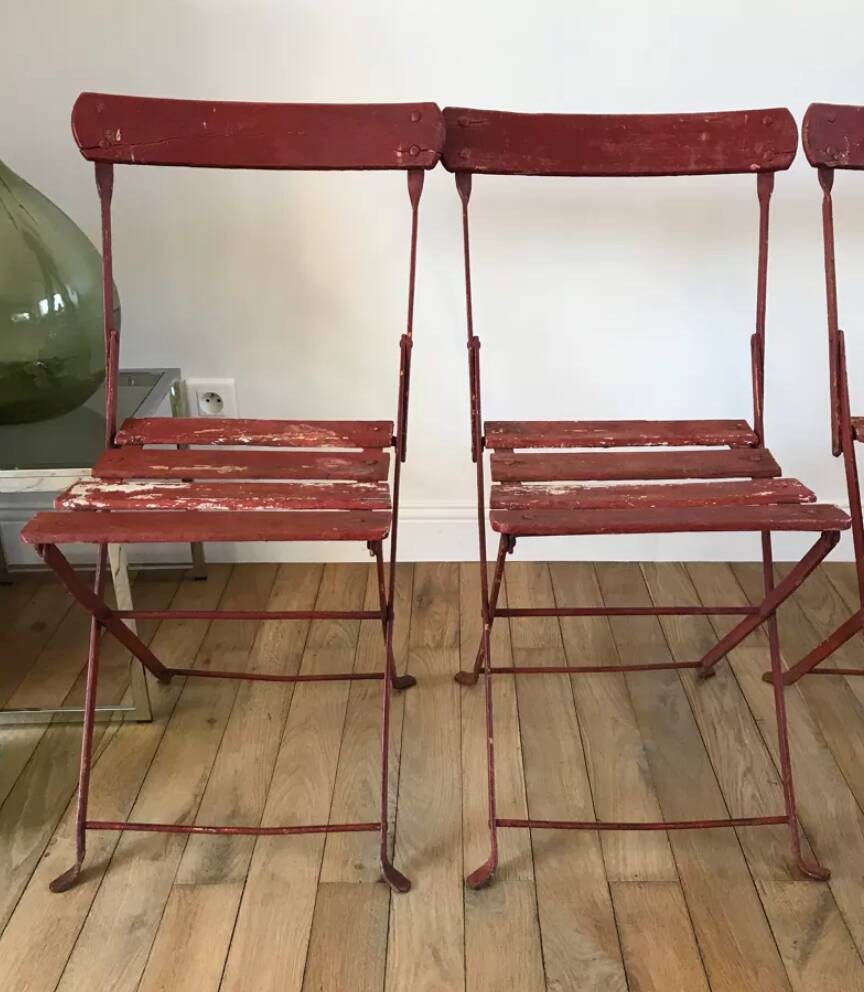 set of 4 folding iron and wood garden chairs early twentieth century