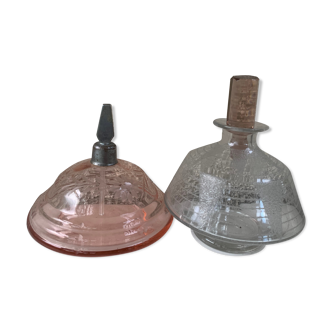 Two bottles of art deco perfume in chiseled glass