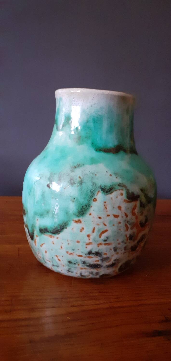 Vase en céramique bleu-vert signé Pierre Lion, année 60