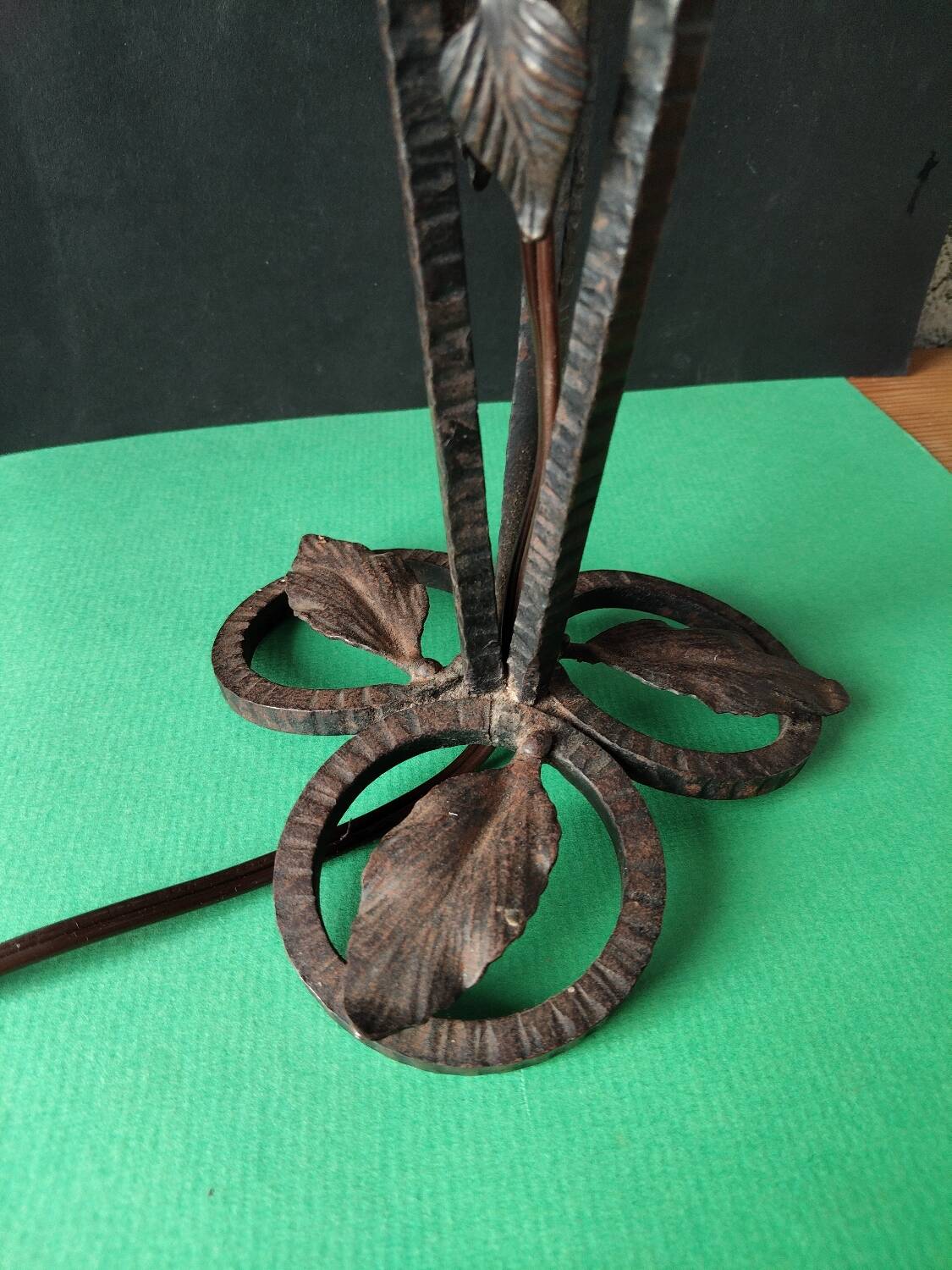 Hammered wrought iron lamp with white opaline Handmade craftsmanship