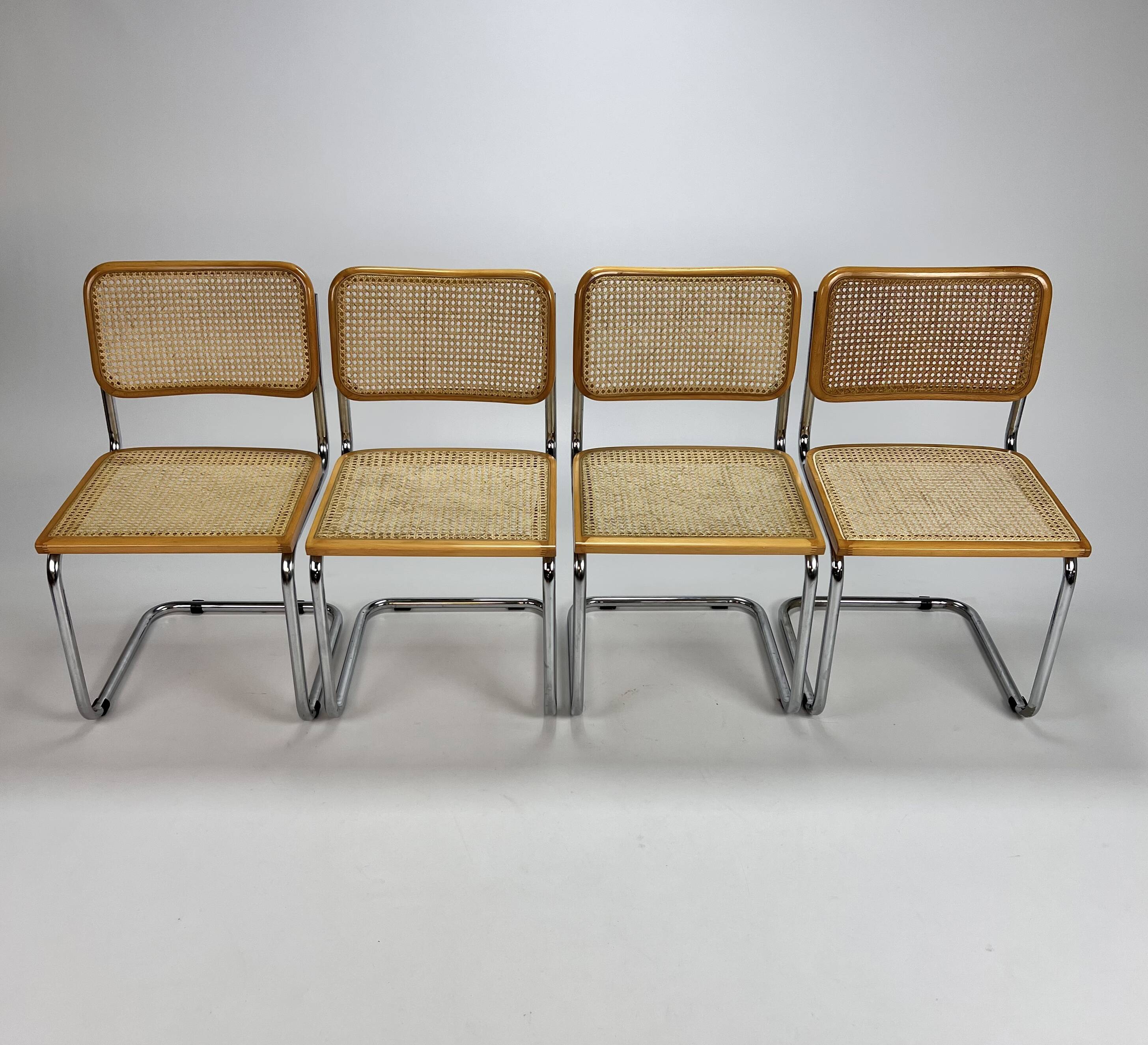 Set of 4 tubular frame and cane cantilever dining chairs, italy, 1970s
