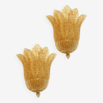 Set of Two Transparent and Gold Graniglia “Leaf” Murano Glass Wall Sconces