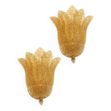 Set of Two Transparent and Gold Graniglia “Leaf” Murano Glass Wall Sconces