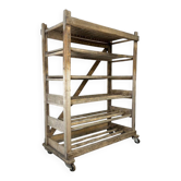 VINTAGE INDUSTRIAL WOODEN SHELF ON WHEELS