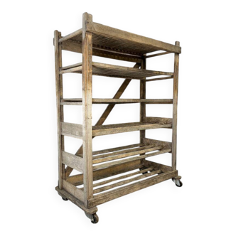 VINTAGE INDUSTRIAL WOODEN SHELF ON WHEELS